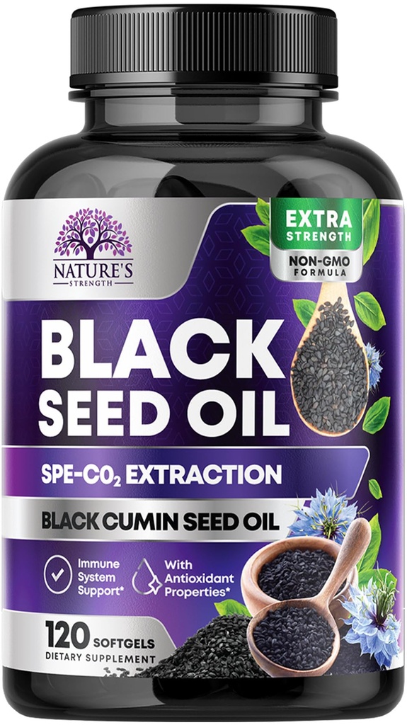Capsule de ulei de semințe negru 1000mg cu Thymochinonă - Nigella Sativa pură pentru sănătate a pielii și sprijin imun, 100% ulei de semințe negre, extracție uimitoare de mai sus negru presat Seminte de chimen - 120 Softgels