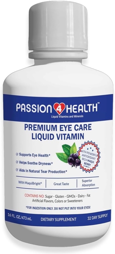 Pasiune 4 Sanatate Vitamine lichide ochi - Viziune naturală și Suplimentul de îngrijire a ochilor pentru adulți - Suport premium cu extract de maqui Berry, gluten-free, non-GMO, fără zahăr - 30 de zile de aprovizionare, Made in USA