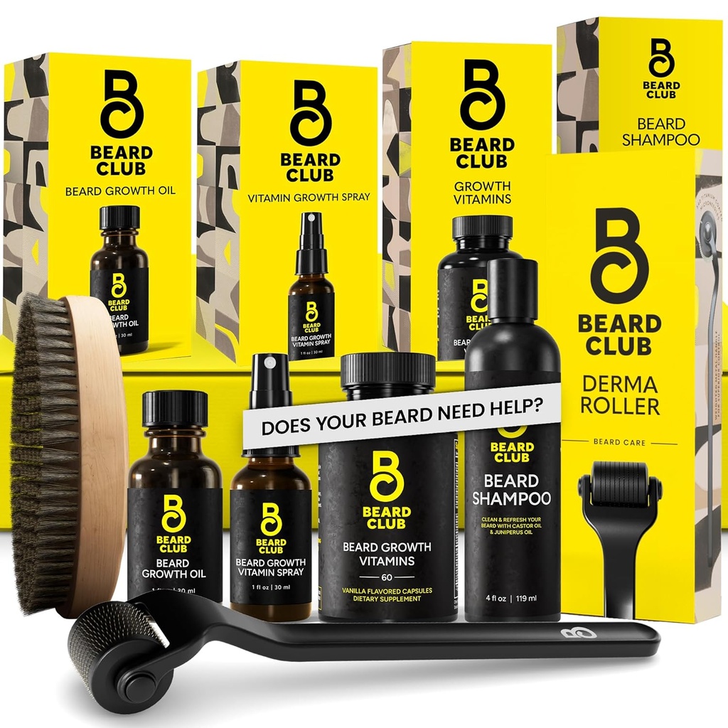Barbă Club Advanced Barbă de creştere Kit - Derma Roller, ulei de creştere, vitamine şi vitamina Spray, Sampon şi Boar Bristle Brush - Set cadou - Cedar