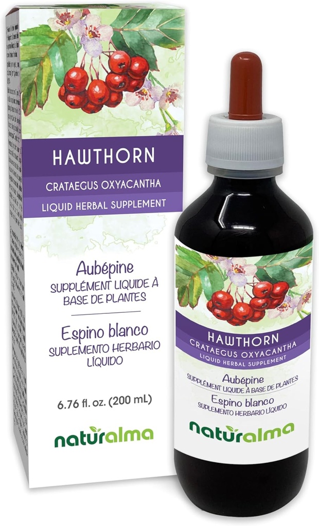 Naturalma Hawthorn (Crataegus oxiacantha) Frunză și flori Tinctură fără alcool - 6,76 fl oz Extract lichid în picături - Supliment vegetal - Vegan