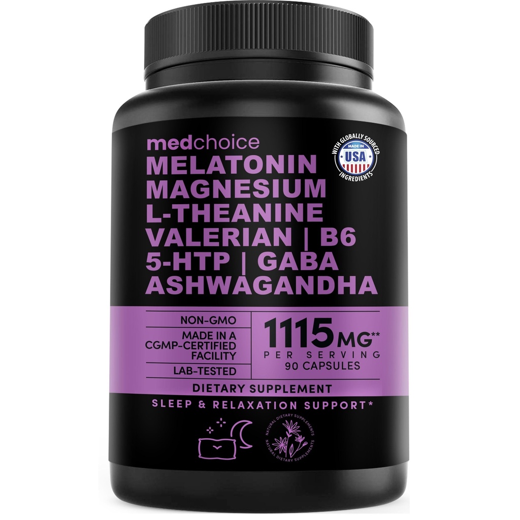 12-in-1 Melatonina capsule de somn - Ajutoare de somn naturale pentru adulții cu Melatonina 5mg și magneziu Glycinate 500mg, Sleep Aid cu Ashwagandha, L Theanin, Valerian Root, GABA, 5-HTP (90ct, Pachet de 1)