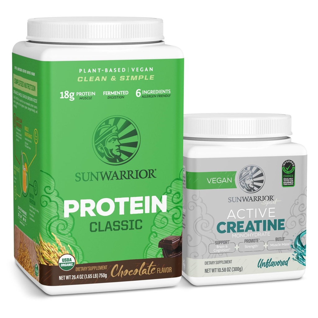 Sunwarrior Brown Rice Pudră de proteine pe bază de plante - Ciocolată 30 Serviri & Creatină Monohidrat pulbere 