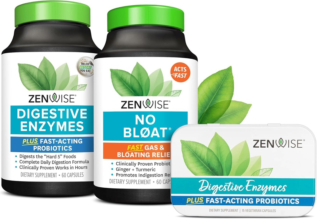 Zewise Health Bliss Bundle Digestive Enzimes + No Bloat + Free Travel Tin - pre and Post Meal Digestive Routine with enzimes and probiotics for Digestion