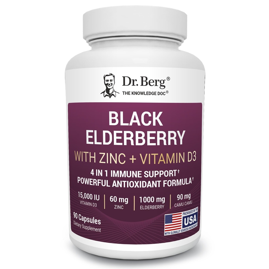 Dr. Berg Black Elderberry Capsule (Advanced Immune Support*) cu 15.000 UI vitamina D, 60 mg de zinc, & 90 mg de Camu Camu - (4-in-1) Sambucus Elderberry Immune Supplement - 90 capsule