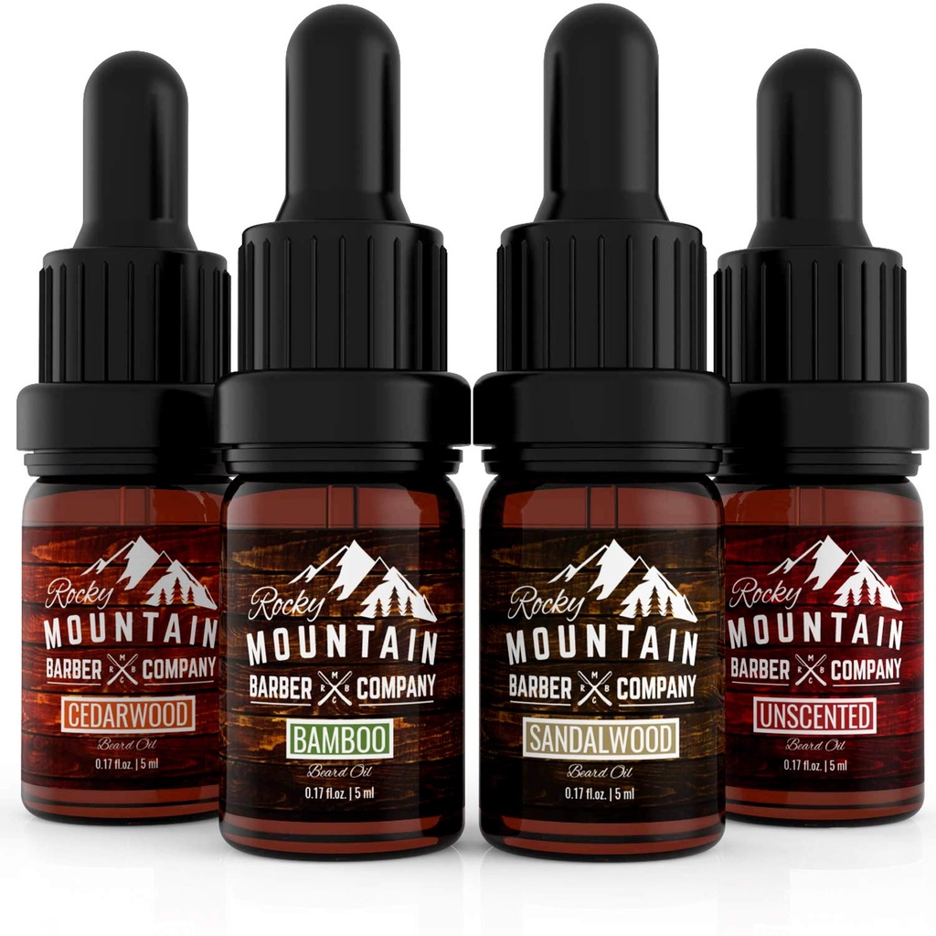 Rocky Mountain Barber companie Barbă de ulei de dimensiune pachet - 4 Variităţi unice de ulei barbă (0,17 oz fiecare) - Cedarwood, Sandalwood, Bambus & Unscented 