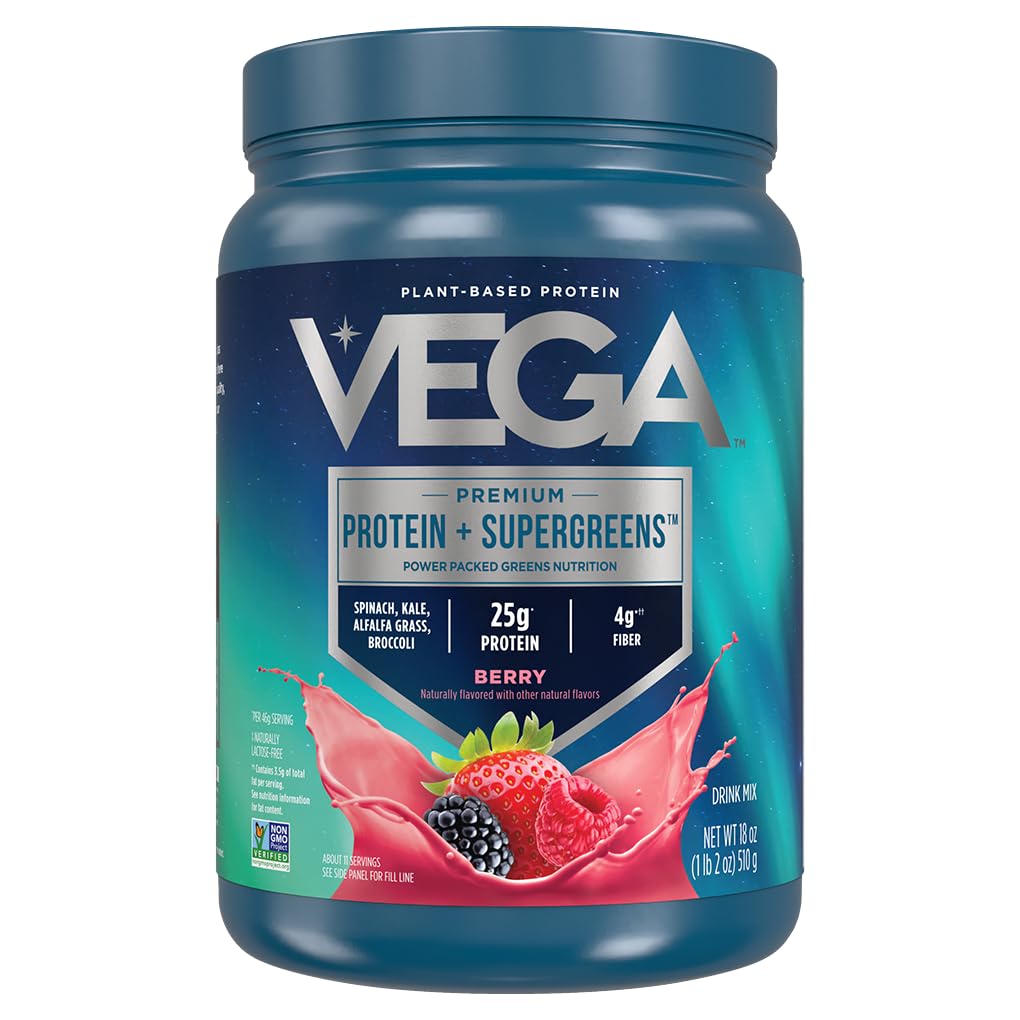 Vega Proteina si Verzi Pulbere de proteine Berry mixt (11 serviri) 25g Proteina pe bază de plante Plus legume, Vegan, non-GMO, Pea Proteina pentru femei si barbati, 1,2lbs