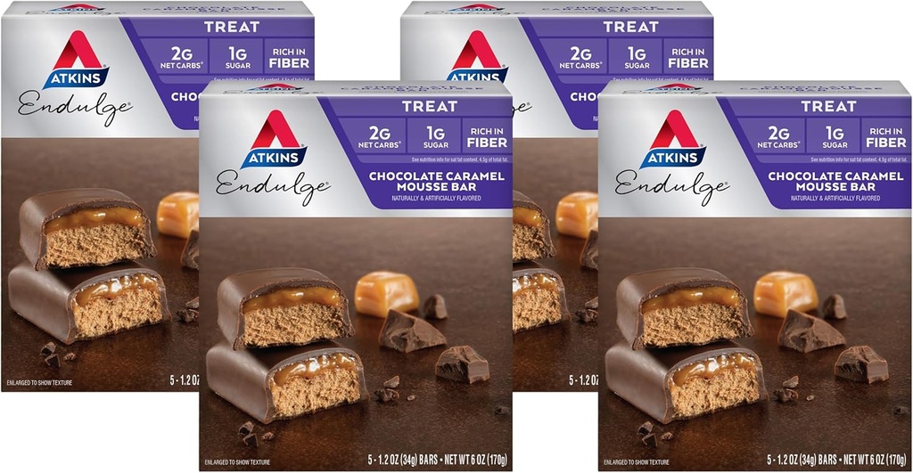 Atkins Endulge Ciocolata Caramel Mousse Bar, Desert Favorite, 1g Zahăr, High in Fiber, 5 Conte (Pachet de 4)