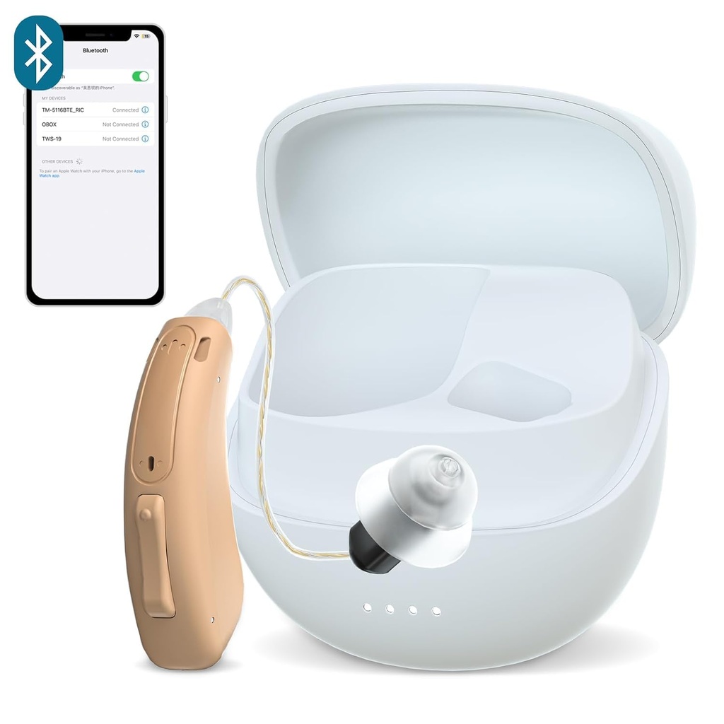 RIC Ajutor auditiv unic pentru Seniori ,CUSTOM FIT Digital Over-The-Counter Reîncărcabil Tinitus Masking Soluție de ajutor auditiv premium pentru adulți, Aproape invizibil Bluetooth apel activat, Auto-On, 1pc partea stângă