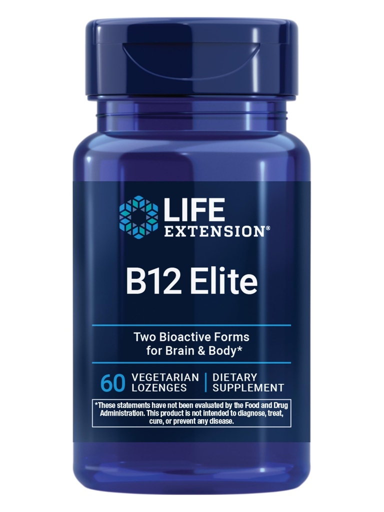 Extensie de viață B12 Elite, adenosilcobalamină, metilcobalamină, două forme active pentru sănătatea creierului și producția de dopamină, non-GMO, gluten-free, vegetariană, 60 de lozenge