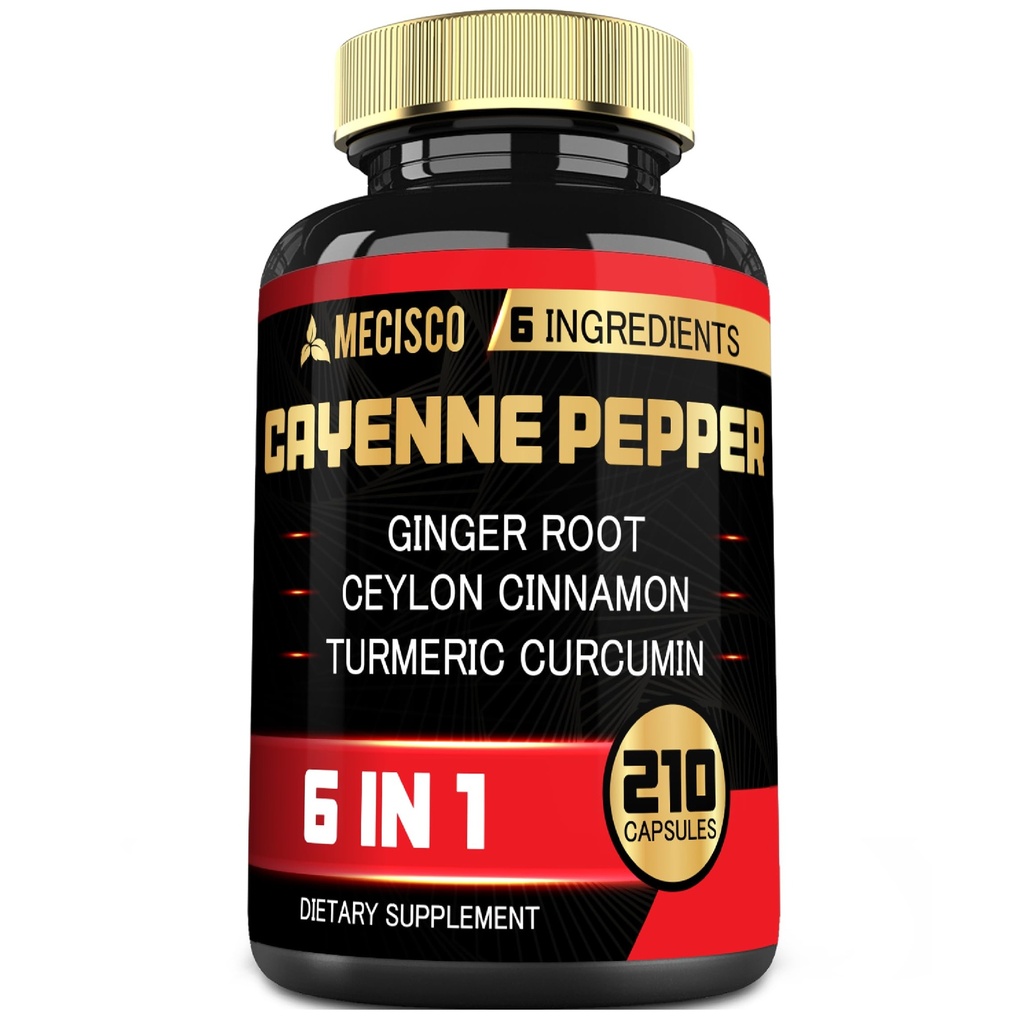 6in1 Cayenne Pepper Extract capsule cu rădăcină de curcumină organică, Pepper negru, și mai mult - Suport Digestion System, Heart Health, Imunity Function - 210 capsule