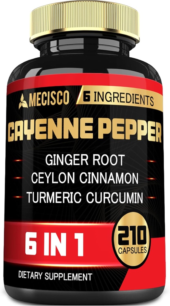 6in1 Cayenne Pepper Extract capsule cu rădăcină de curcumină organică, Pepper negru, și mai mult - Suport Digestion System, Heart Health, Imunity Function - 210 capsule