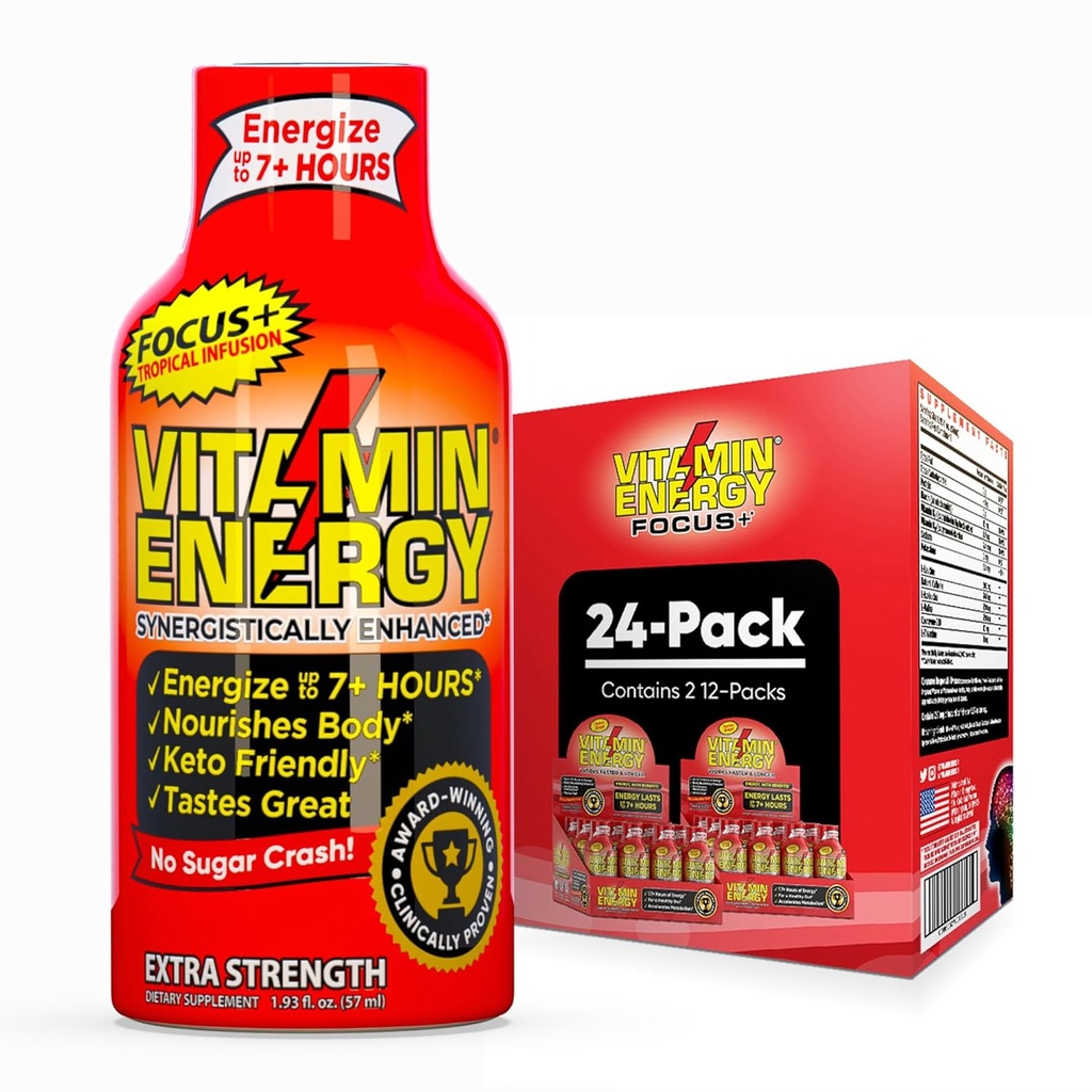 Vitamin Energy Focus+ Extra Strength Energy Shot Tropical Infusion 24 Pack, 260mg Natural Caffeine, B-Vitamins, CoQ10, Amino Acids, Focus, Productivity & Clarity, Zero Sugar, Gluten-Free, 1.93 fl oz