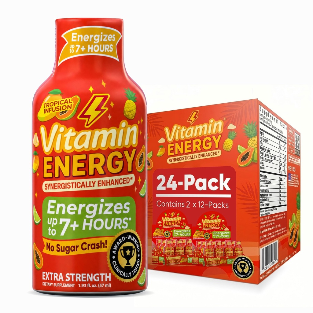 Vitamina Energie Focus+ Extra Putere Energie Shot Tropical Perfuzie 24 Pack, 260mg Natural Cafeina, B-Vitamina, CoQ10, Amino Acidi, Focus, Productivitate & Clarity, Zero Zahăr, Gluten-Free, 1.93 fl oz