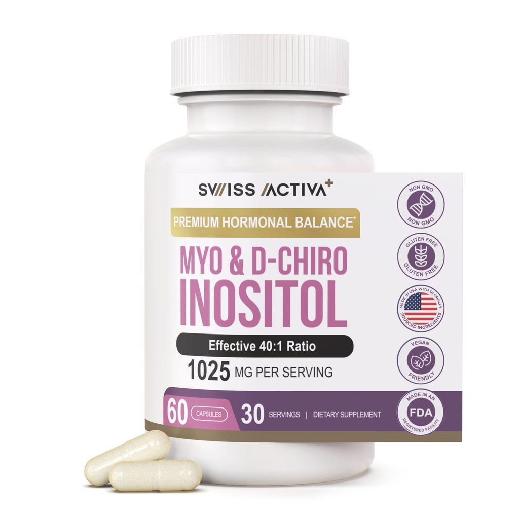 Swiss Activa. Labs Myo Inositol Supliment & D-Chiro Inositol Supliment - Premium Hormon Echilibru pentru femei & PCOS Suplimente - Regula ciclu menstrual - Suport ovarian - 30 zile de aprovizionare