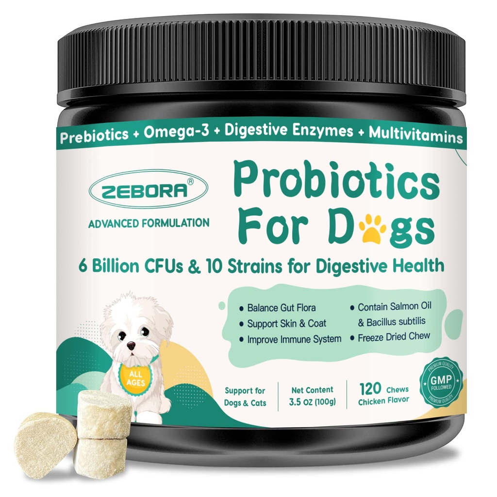 Probiotice pentru câini Sănătate digestivă, Probiotice câine și enzime digestive, Prebiotice, Omega-3 & 6 și vitamina pentru câini, 6 miliarde CFU pentru sănătate gută și suport imun, 120 Chews