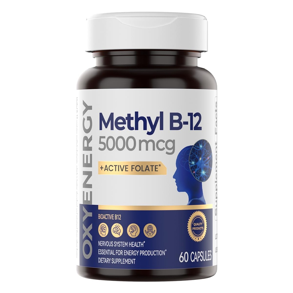 OxyEnergy Methyl Vitamina B12 5000mcg, Extra Putere Methylcobalamină B-12 Suplimente cu Folate, Suport Nervi, Energie Metabolism & Cognitive,60 Capsule
