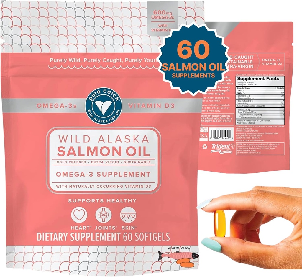 Fructe de mare Trident Captura pur Wild Alaska ulei de pește pentru femei + vitamina D3 - Omega-3 Somon supliment ulei de pește - EPA și DHA - 60 Conte Daily Citrus Soft Gel - Suport comun, Skin, și Heart Health