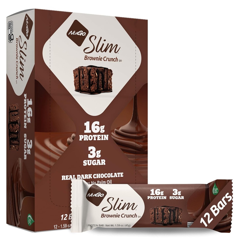 NuGo Slim Ciocolată neagră Brownie Crunch, 16g Bar de proteine, Gluten gratuit, non-GMO, Kosher, Keto Friendly, Carb scăzut, 12 Conte
