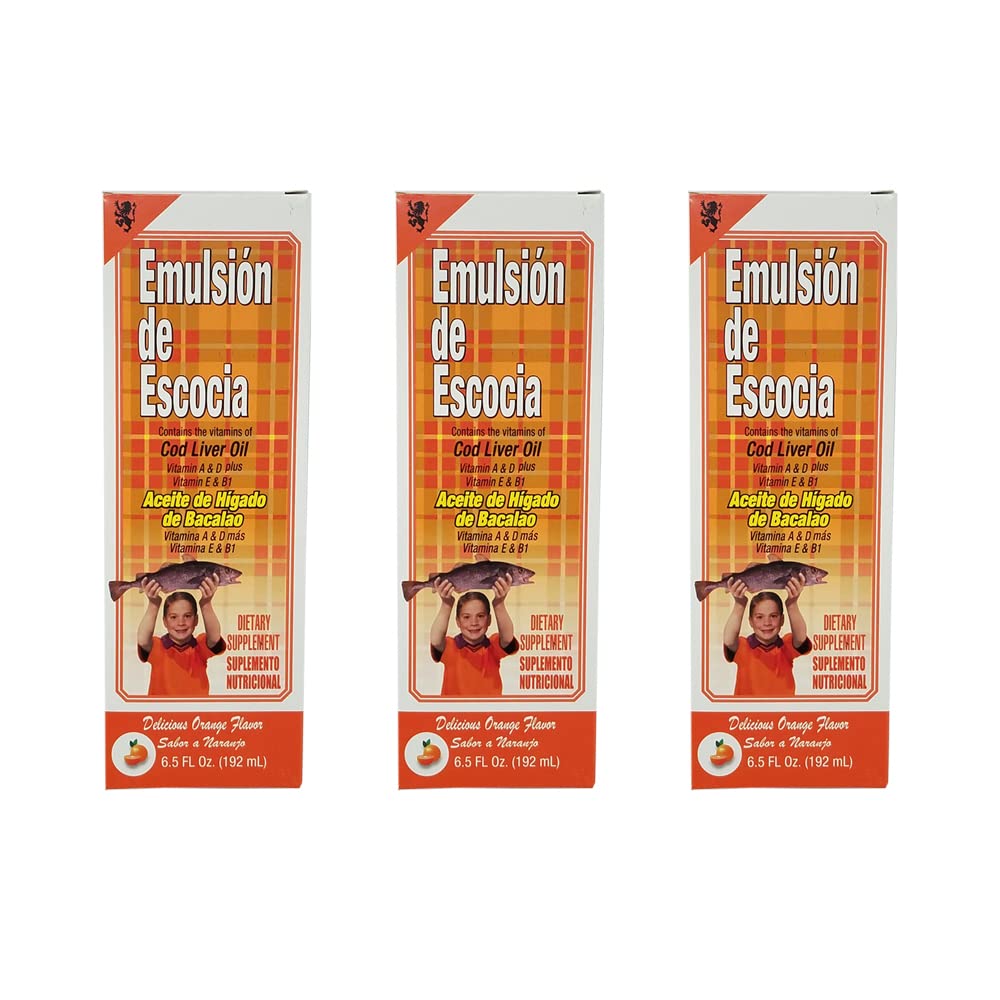 Emulsie de Escocia. Cod Ulei de ficat suplimentar dietetic. Bogat în vitamine A, D, E şi B1. 6. 5 Fl. Oz / 192 ml. Cutie cu 3 flacoane