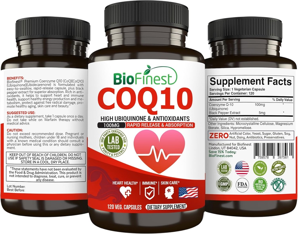 BioFinest CoQ10 Coenzime Q10 100 mg Supliment - Rapid de eliberare Absorbție rapidă - Immune Heart Energy Antioxidant (120caps)