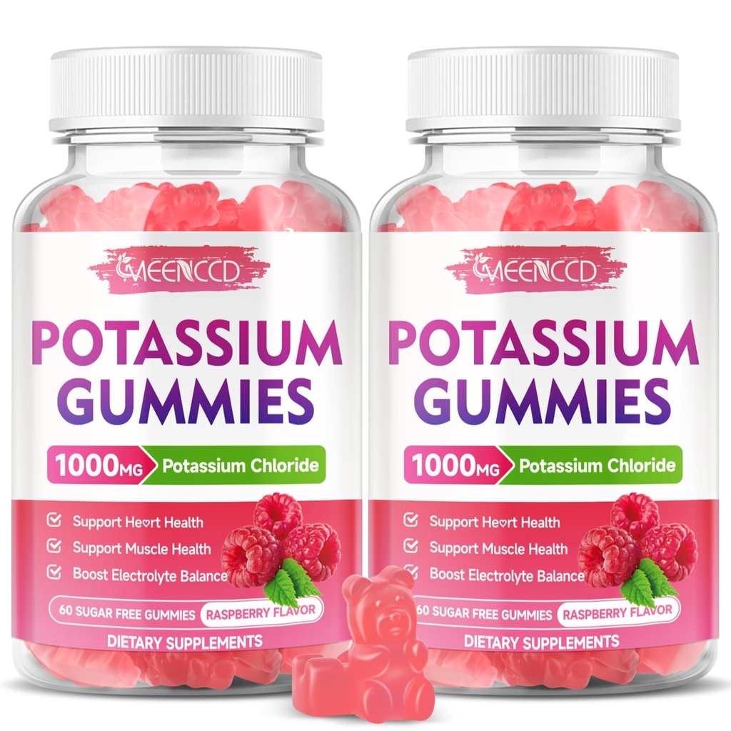 2 Pachet Gume de potasiu, Clorura de potasiu 1000 mg pentru adulți, Gumiile supliment de potasiu fără zahăr de sprijin Echilibru electrolitic și cramps picior pentru femei și bărbați, Aroma de zmeură, 120 Conte