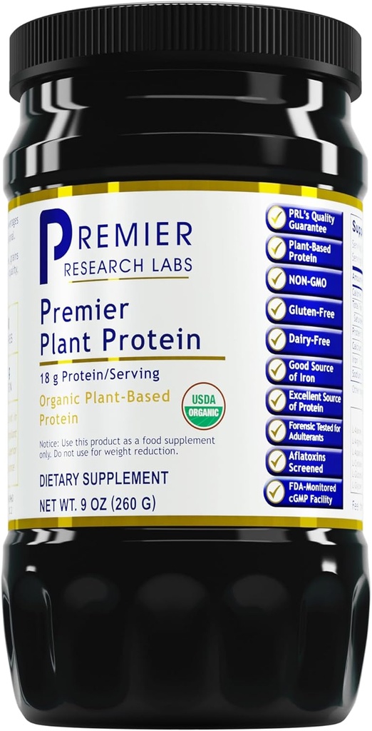 Premier Research Labs Proteina vegetala - Pe bază de plante Vegan Pea Powder, Organic, Dairy Free, Gluten Free, Fără arome artificiale, Vegetarian, Conține dovleac și proteine de orez - 9 Oz