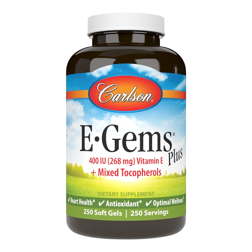 Carlson - E-Gems Plus, Vitamina Naturală E 400 UI, Sprijină o inimă sănătoasă, 250 geluri moi