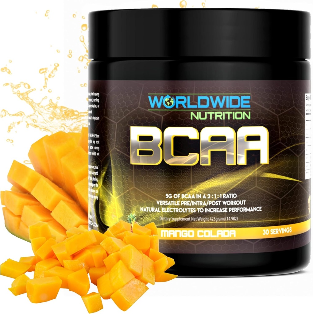 Worldwide Nutritie BCAA pulbere - Ramurid Chain Amino Acids - Pre Intra Post Antrenament Supliment pentru bărbaţi şi femei - Electroliti naturale pulbere pentru BCAA Energie - Mango Colada - 30 Serviri
