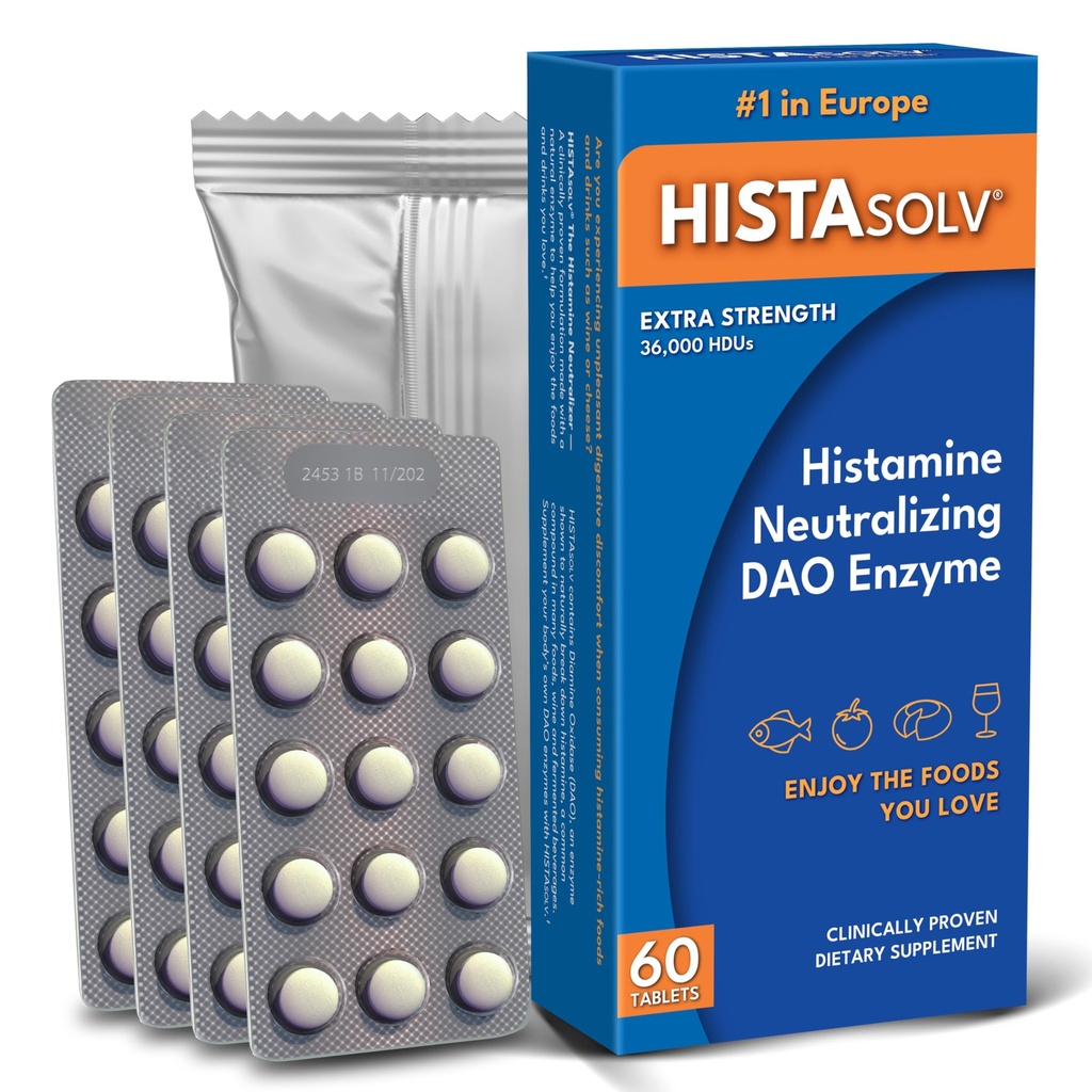 Medagel HISTAsolv Extra Force DAO Enzyme Supliment pentru intoleranţa la histamină - Eases Digestive Discomfort - Breveted Tech - Made in Austria - 60 Pack