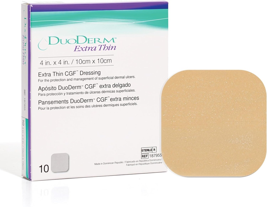 ConvaTec DuoDERM Extra Thin Control Gel Formula 4"x4" Hidrocoloid Steril Adeziv dressing pentru răni superficiale, Fricțiune scăzută, Latex-Free, rezistent la apă, Square, Bej, Cutie 10ct
