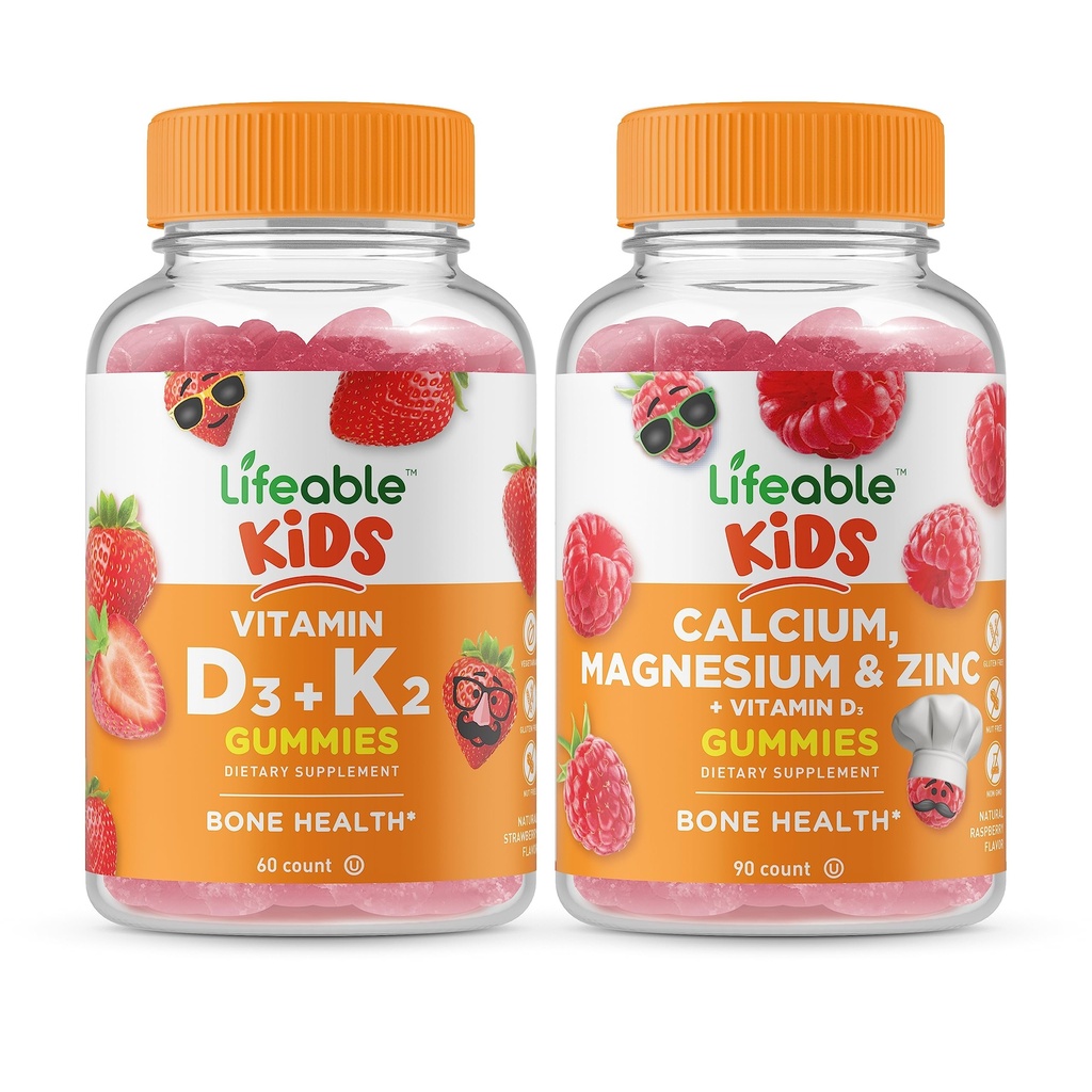 Vitamină vie D3 + vitamina K2 Copii + magneziu de calciu și zinc Copii, gume Bundle - mare Tasting, Supliment de vitamine, gluten gratuit, OMG gratuit, Gummy masticabil