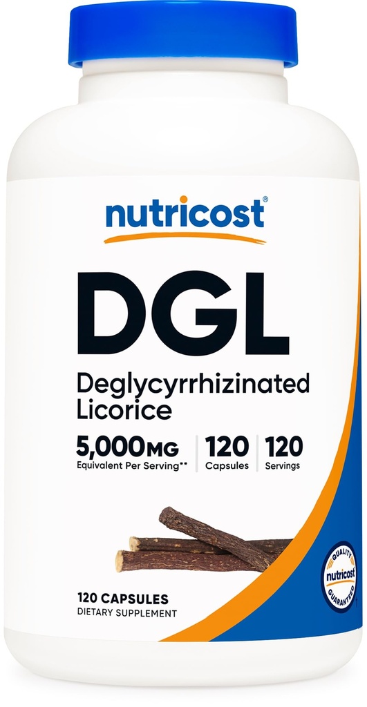 Nutricost DGL Capsule Extract de lemn dulce deglicirizinate (Extract de 500 mg, echivalent cu 5 000 mg lemn dulce, 120 Servings) - NeMG, Vegan