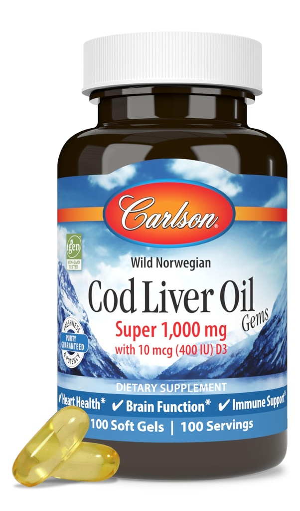 Carlson - Cod Ulei de ficat, Super 1000 mg + Vitamine A & D3, Norvegiană sălbatică, Susținabilă Sursă, 100 Softgels