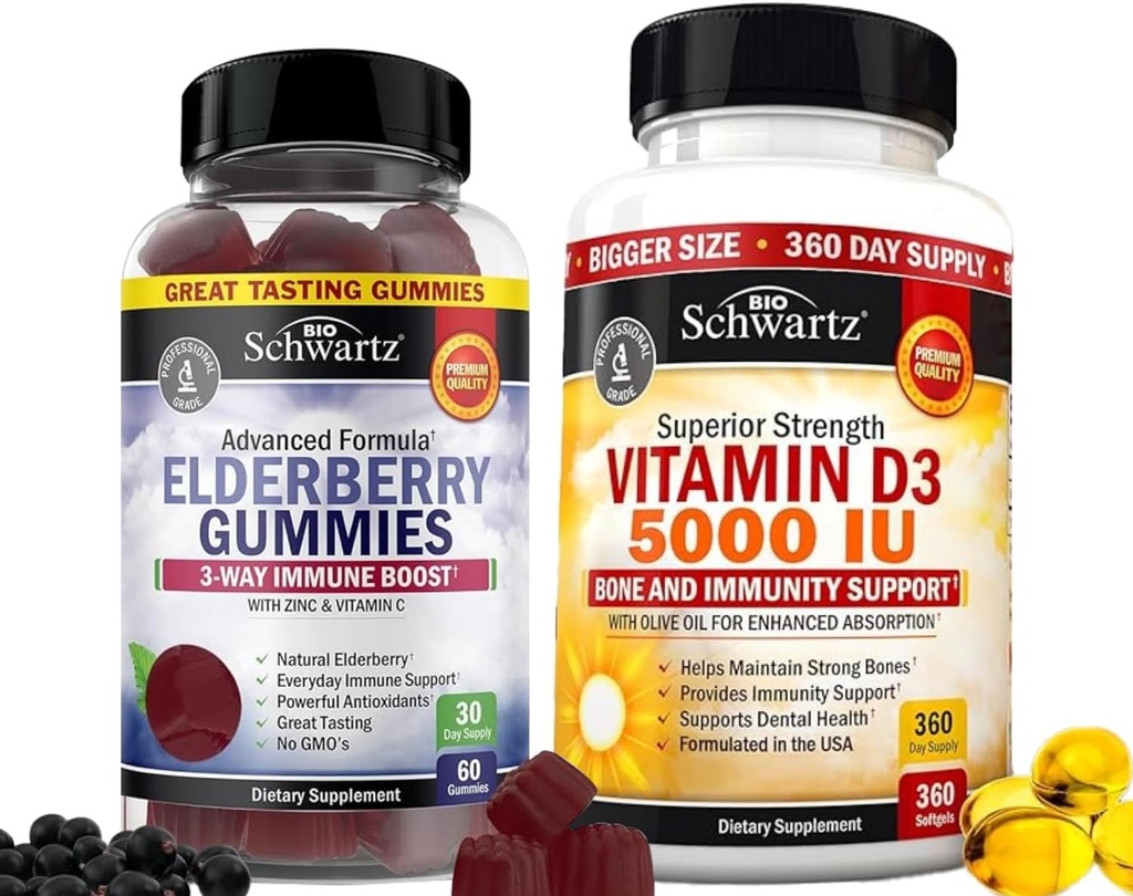 BioSchwartz Elderberry Gummies cu zinc şi vitamina C pentru adulţi Suport imun (1 lună de aprovizionare) Plus concentraţie mare Vitamina D3 5000 UI 125 mcg (1 an de aprovizionare)