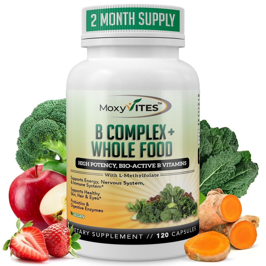 MoxiVites Vitamin B Complex - B Vitamine Întreaga suplimente alimentare, B12 Metilcobalamină, B1, B2, B3, B5, B6, B7, B9 - pentru stres, energie și sprijin imunitar, Vegan, 120 capsule
