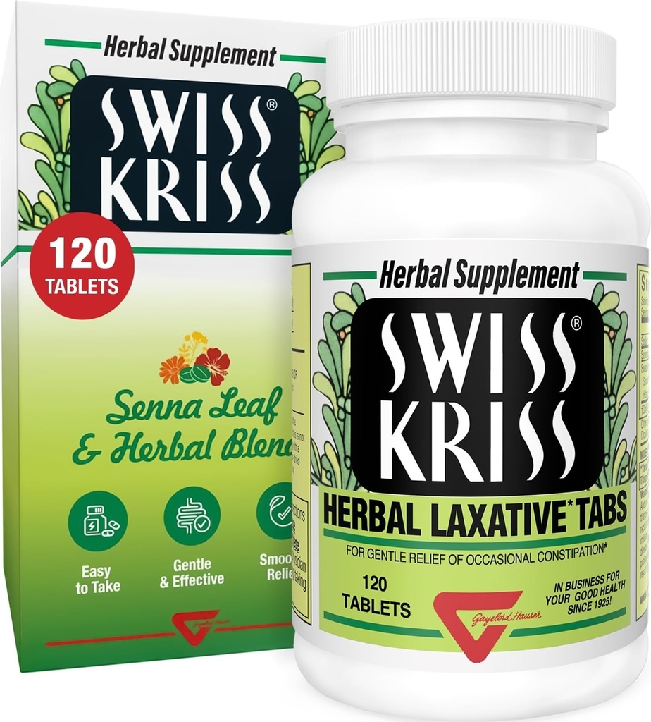 Comprimate Laxative Kriss Swiss Kriss Herbal, Laxative Gentle & Naturale pentru Constipație Relief pentru adulți și copii de peste vârsta 6, funcționează în 6-12 ore, Senna Laxative, 120 comprimate Total