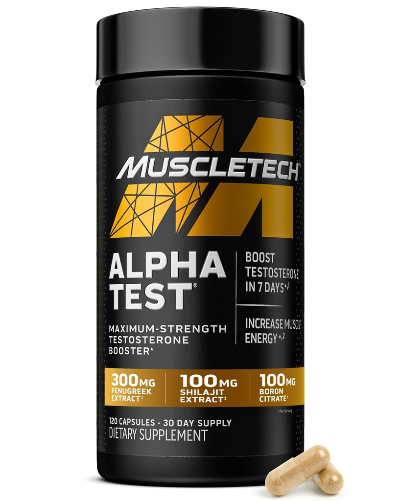 MuscleTech Testosteron Booster pentru bărbaţi, AlphaTest - T-Boost Mens Supliment cu Tribulus Terrestris & Boron - Daily Gym Extensii de antrenament pentru cresterea musculara, rezistenta si energie - 120 pastile