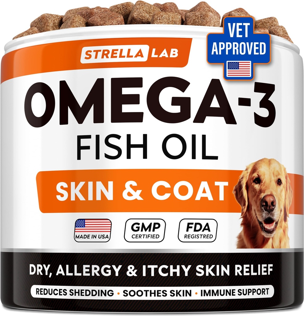 StrellaLab Omega 3 pentru câini - (180Ct) Tratamente de ulei de pește - Alergie și mâncărime Relief Skin & Coat Supliment - piele uscată mâncărime, tratament anti Shedding & Hot Spots - Pet Salmon Oil Chews - Aroma de pui