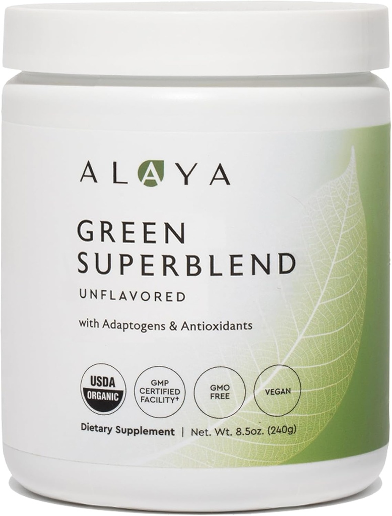 Alaya Organic Super Greens Powder - Premium Green Juice Superfood Supplement Powder - Adaptogens, Antioxidanti si Probiotice Blend - USDA Organic, Non-GMO, Vegan - 30 Servings (neflavorizate)