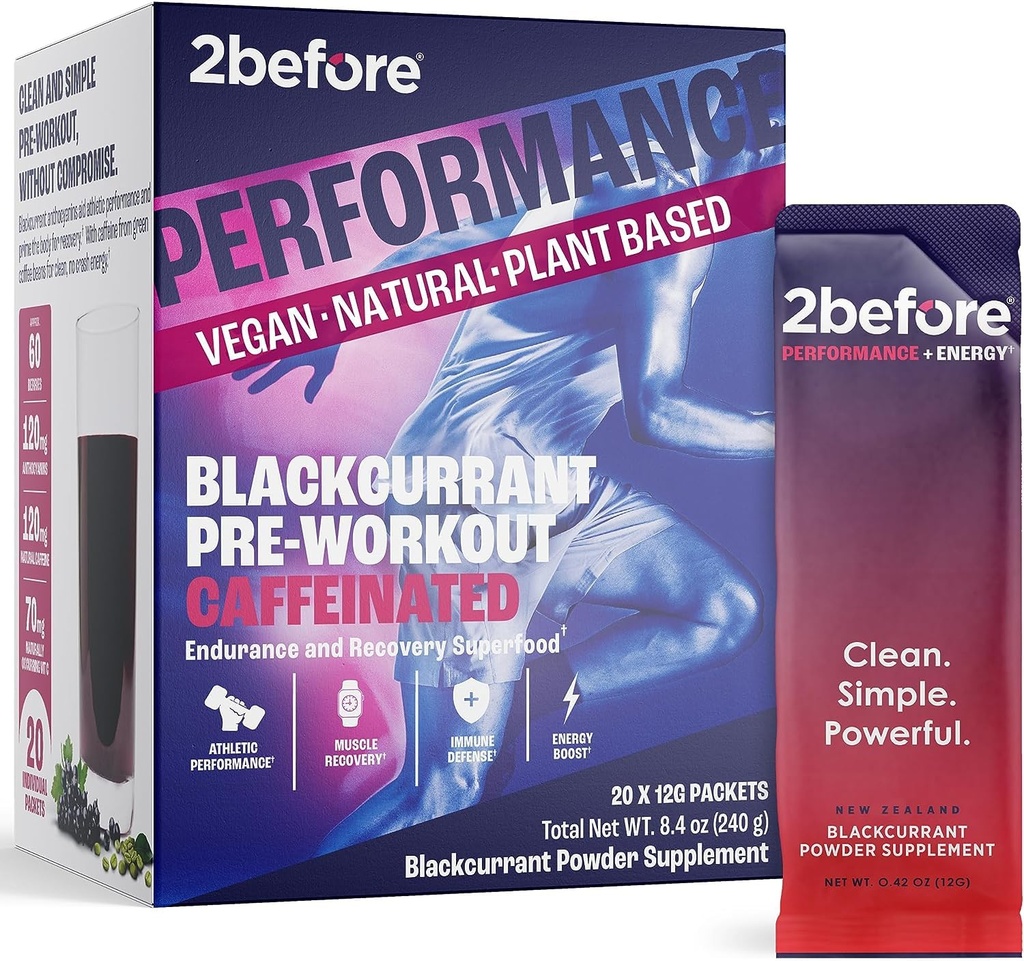 2înainte de toate Natural Vegan Pre Antrenament, cu 120mg Cafeina I Energie curată, Rezistenţă, Recuperare I Femei şi bărbaţi Pre Antrenament I 20 x Pachete individuale I Sport informat Certified I Blackcurrant