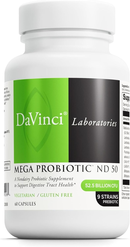 DAVINCI Labs Mega Probiotic ND 50 - Non-Dairy Probiotic Supplement cu Prebiotic Fiber - Digestive & Immune Health Support* - Gut Support with Beneficial Bacteria* - 60 Vegetarian Capsules