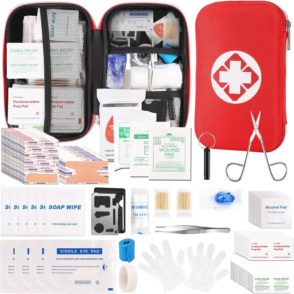 Kit mini de prim ajutor de călătorie, Kit de urgență cu 201PCS Provizii de prim ajutor și sac compact impermeabil, Kit medical de supraviețuire pentru Home Car Office Camping Drumeții