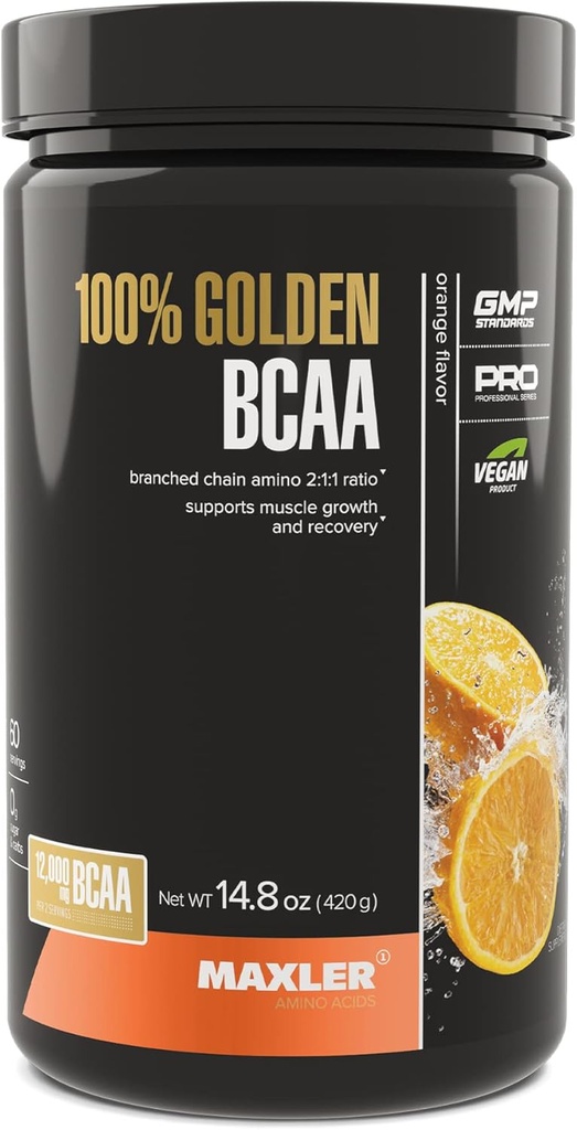 Maxler 100% Golden BCAA pulbere - Intra & Post Workout Recovery Drink for Accelerated Muscle Recovery & Lean Muscle Growth - 6 g Vegan BCAAs Aminoacids - 60 Servings - Orange