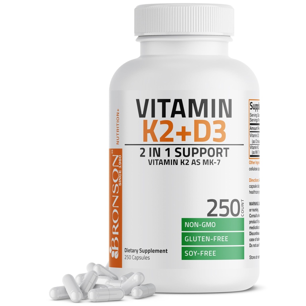Vitamina Bronson K2 (MK7) cu supliment D3 Non-GMO Formula 5000 UI Vitamina D3 & 90 mcg K2 MK-7 Easy to Swallow D & K Complex, 250 capsule