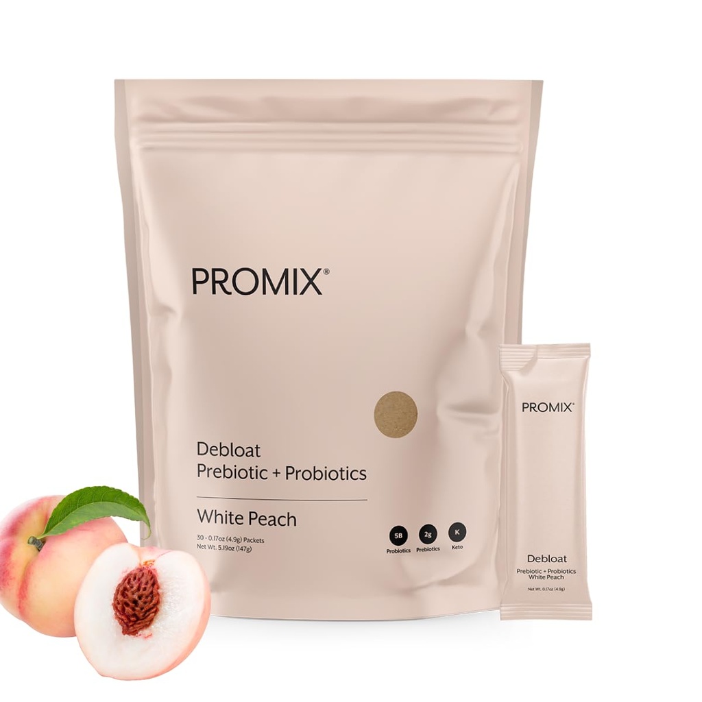 ProMix Nutrition Debloat Prebiotice și Probiotice, Ureche Bloating pentru femei, Gut Cleanse Detox pentru bărbați și suport imunitar - Peach alb - 30 Serviri (Pachet de 30)