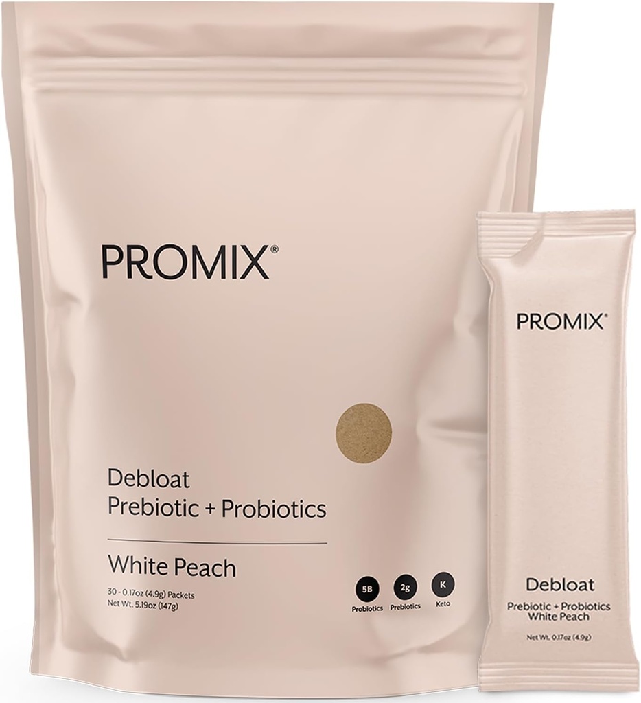ProMix Nutrition Debloat Prebiotice și Probiotice, Ureche Bloating pentru femei, Gut Cleanse Detox pentru bărbați și suport imunitar - Peach alb - 30 Serviri (Pachet de 30)