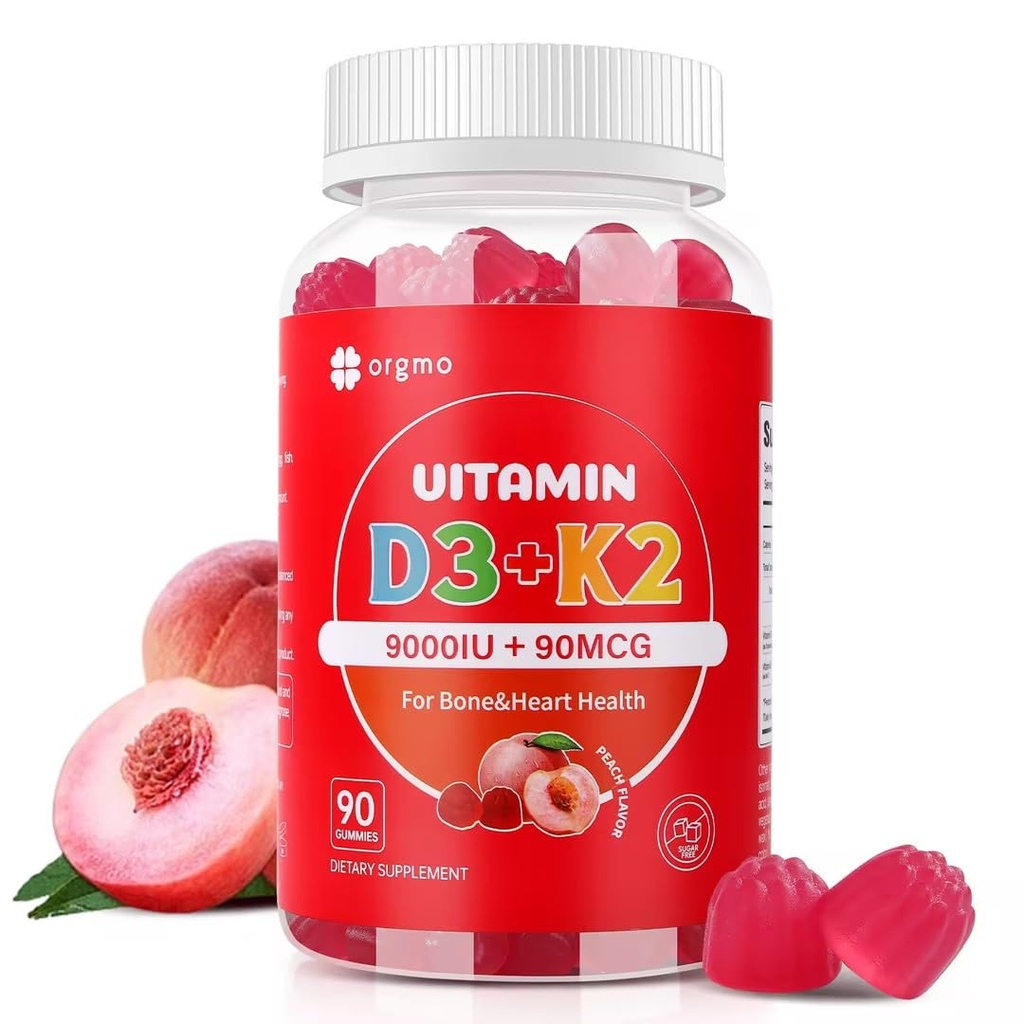 Vitamina D3 K2 Gummies - 90 Count de zahăr fără vitamina D3 9000 UI + K2(MK-7) 90 mcg pentru Bone & Immune Health, Vegan Chembable K2 D3 Supliment de vitamine pentru femei (Aroma piersicii)
