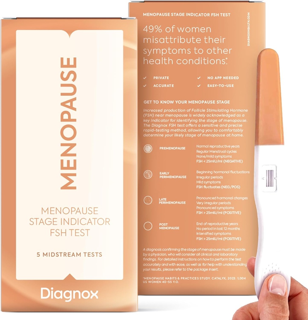 DIAGNOX FSH Menopause Test Kit - 5 Pack Menopause Stage Indicator - Grad clinic Midstream FSH Test la domiciliu - Nu este nevoie de o aplicație mobilă
