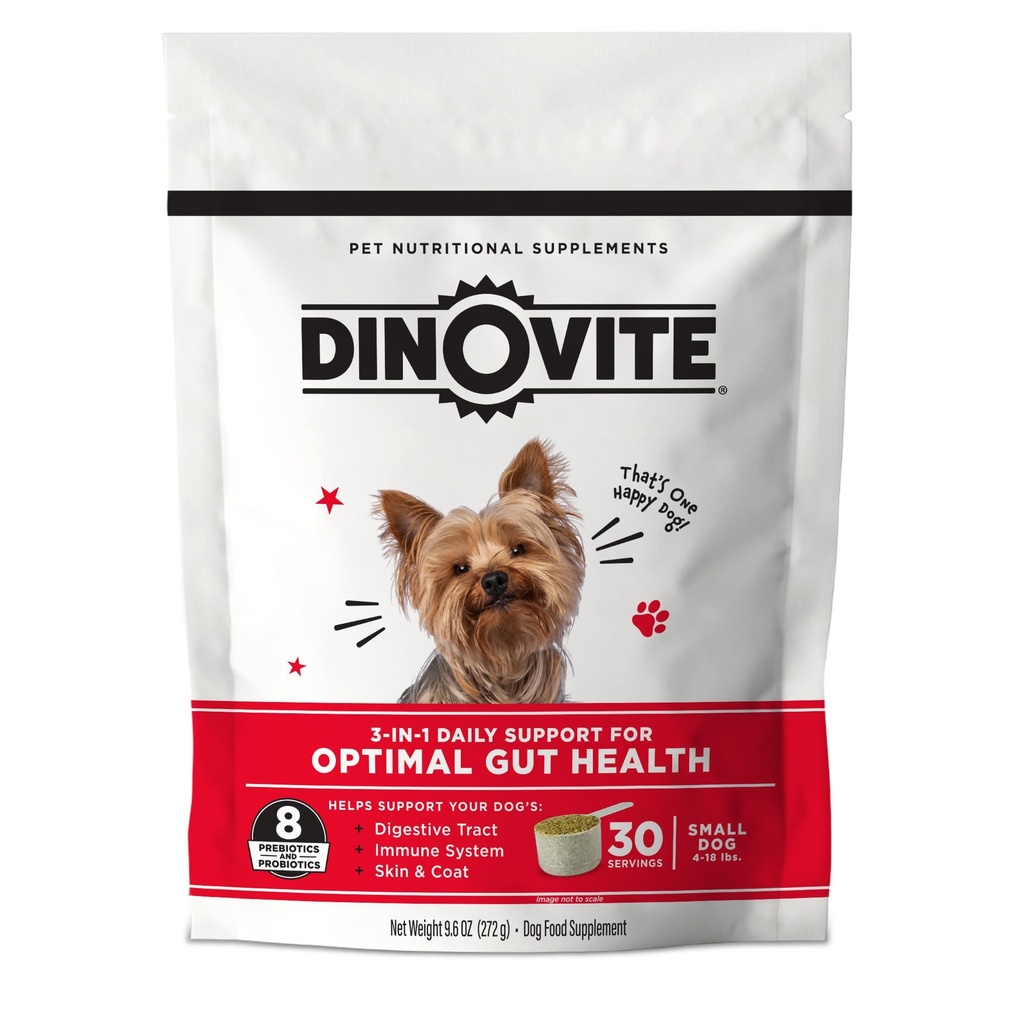 Dinovit 3 din 1 Probiotic pentru câini de talie mică, Piele & Coat, Digestive Health & Joint Relief, Dog Food Toppers, Immune Support, Alergy Relief & Itch Relief Skin Care, 30 Servings (1-18lb)
