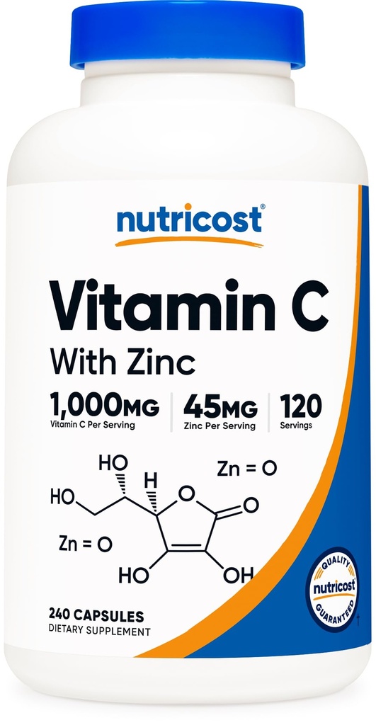 Nutricost Vitamina C cu capsule de zinc, 120 Serviri - 1000mg, 45mg Zinc, non-GMO, Gluten gratuit Vitamina C Supliment